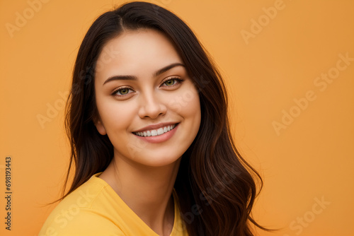 Portrait of beautiful young happy smiling woman in yellow shirt on orange background © Giuseppe Cammino