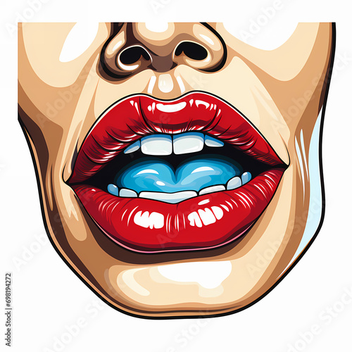 Lips, teeth and mouth in pop art style cheerful and playful scream or kiss. Concept for dental photo