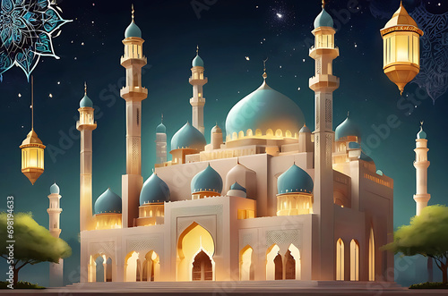 illustration of amazing architecture design of muslim mosque arabic lantern of ramadan celebration. ai generated photo