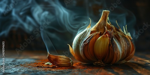 Smoked Garlic Bulb on a rustic wooden table. photo