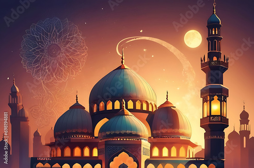 illustration of amazing architecture design of muslim mosque arabic lantern of ramadan celebration. ai generated photo