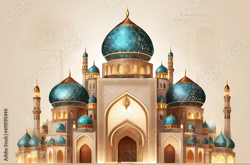 illustration of amazing architecture design of muslim mosque arabic lantern of ramadan celebration. ai generated