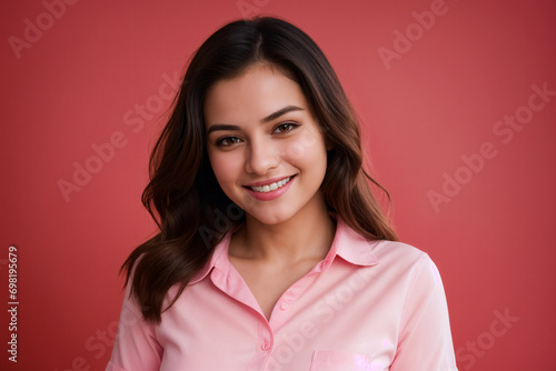 Portrait of beautiful young happy smiling woman in pink shirt on red background