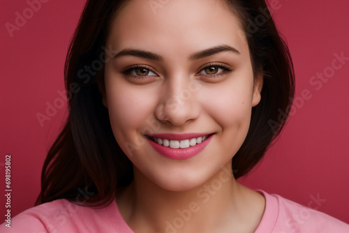 Portrait of beautiful young happy smiling woman in pink shirt on red background