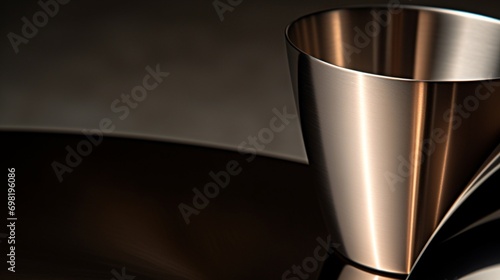 A close-up of a metallic cup with a brushed finish, highlighting its sleek and modern aesthetic in a polished and reflective setting.