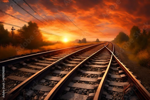 Orange sunset in low clouds over railroad