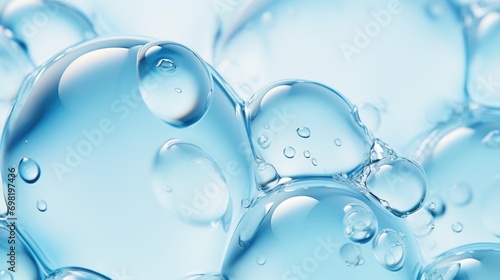 Close-up macro photo of water drops or oil bubbles on blue background. photo