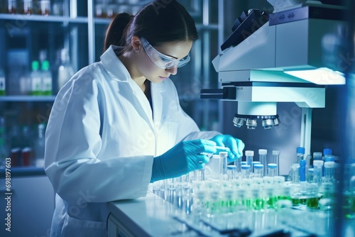 Researchers working in a modern pharmaceutical laboratory. Research and creation of innovative in a laboratory of a research institute. Creation of innovative medicines and vaccines. photo
