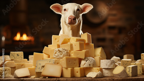 Cow with pieces of cheese on the table on a dark background