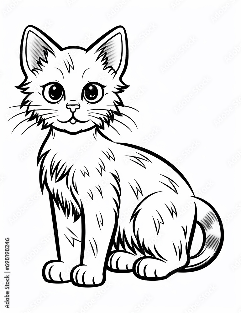Obraz premium cute kitty, black and white coloring page for kids, realistic style, line art, detailed, black lines only