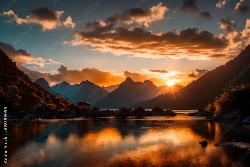 sunset over the mountains, Tropical landscape panorama with sunset or sunrise dramatic sky