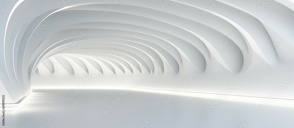 Obraz premium 3D geometric abstract wave futuristic light white background. 3d tunnel background. Halway background. alleyway background.