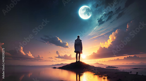 A person and a quiet moonlit night scene photo