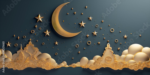 Ramadan Kareem paper cut composition with gold crescent moon and stars on a blue background photo