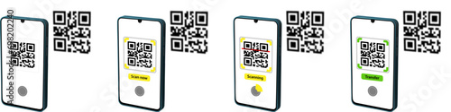 QR code scan to transfer payment. Smart phone digital online bank application. Reading barcode to pay money from credit card or account.
