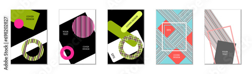 Geometric cover design, set of 5 covers. Abstract unusual background in Memphis style. Bright geometric shapes in random order