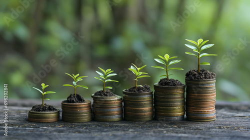 Wealth can sprout like leaves on a tree: a stack of coins adorned with tiny plants emerging from them