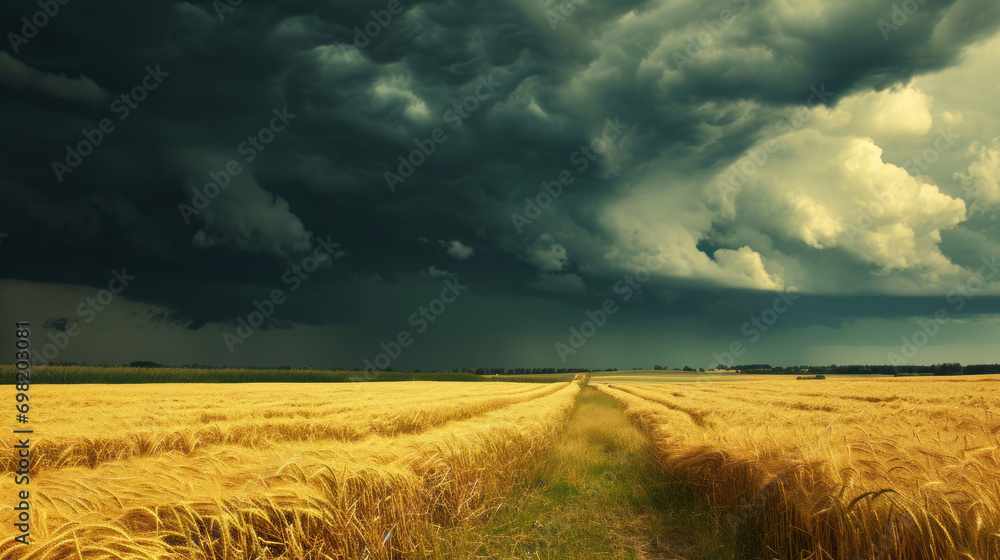 Huge storm, clouds over wheat or rye field