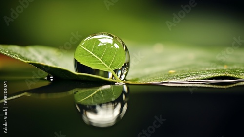A single droplet of water clinging to the edge of a leaf, reflecting the world around it.