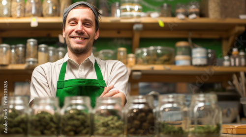 Happy cannabis shop owner or budtender