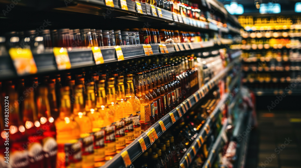 Rows of alcohol bottles on shelf in supermarket