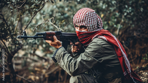 Rebel fighter aiming with assault rifle