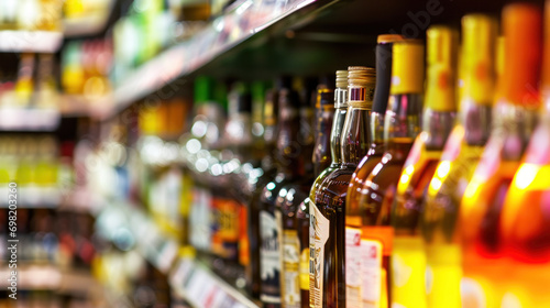 Rows of alcohol bottles on shelf in supermarket