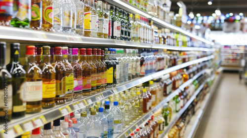 Rows of alcohol bottles on shelf in supermarket