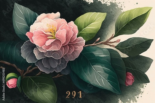 Watercolor illustration of a Japanese Camellia flower for 2019 New Year's greeting. Generative AI