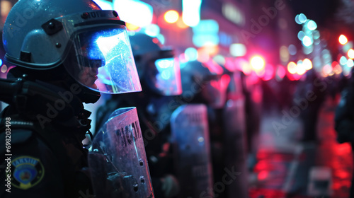Anti-riot police team with plastic shields photo