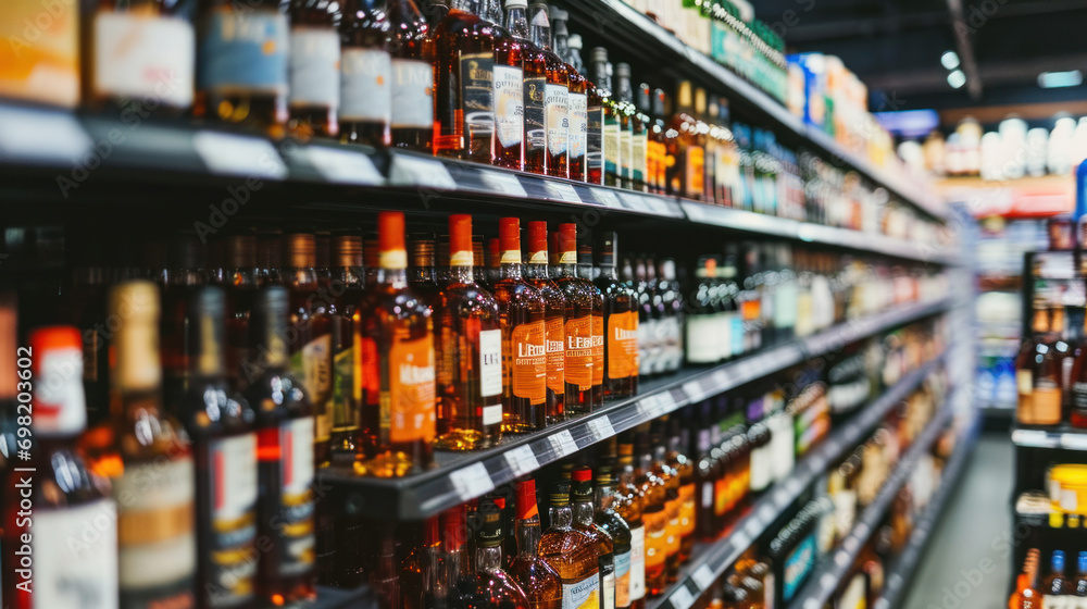 Rows of alcohol bottles on shelf in supermarket - obrazy, fototapety, plakaty 