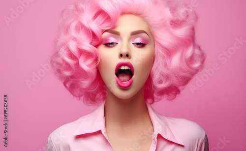 Vibrant Expression: Pink Wig Woman with Wide Open Mouth and Bold Lips Makeup