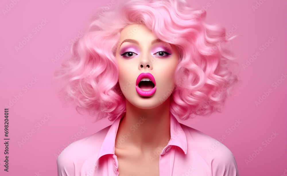 Vibrant Expression: Pink Wig Woman with Wide Open Mouth and Bold Lips Makeup