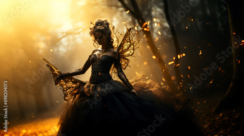 Beautiful dark fairy in forest