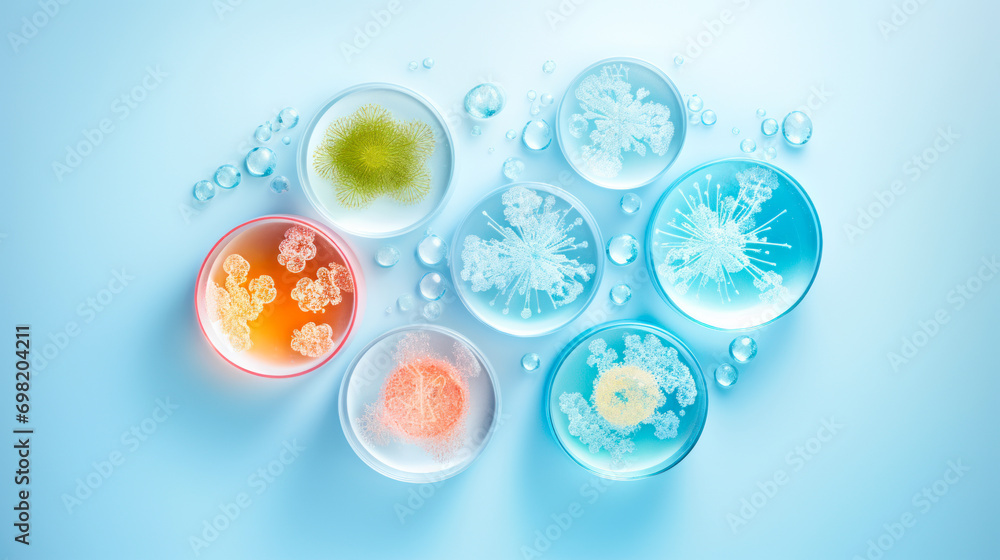 Petri dishes with bacterial culture on blue background Petri dishes with bacterial culture on blue background
