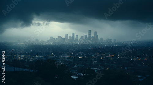 Heavy rain over city, dusk, moody weather