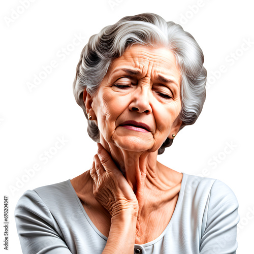 Mulher idosa com dores no pescoço visto de perto, isolado, em fundo transparente, png. photo