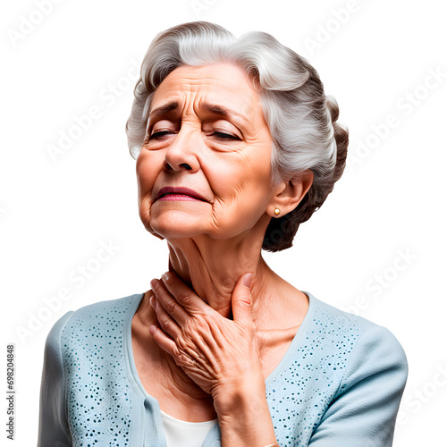 Mulher idosa com a mão no pescoço visto de perto, isolado, em fundo transparente, png. Idosa com dor de garganta. photo