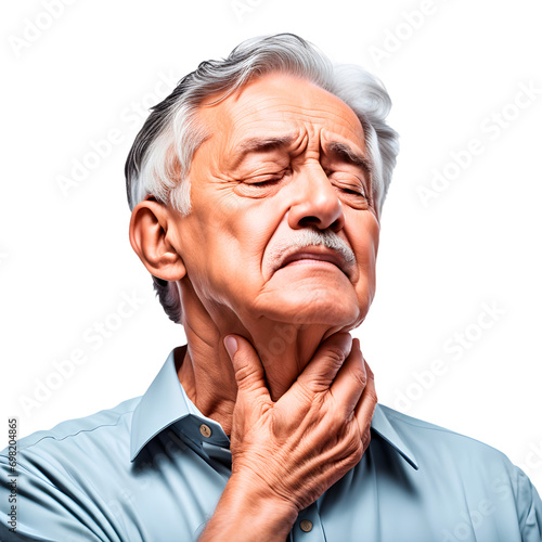 Senhor idoso com dores no pescoço visto de perto, isolado, em fundo transparente, png. photo