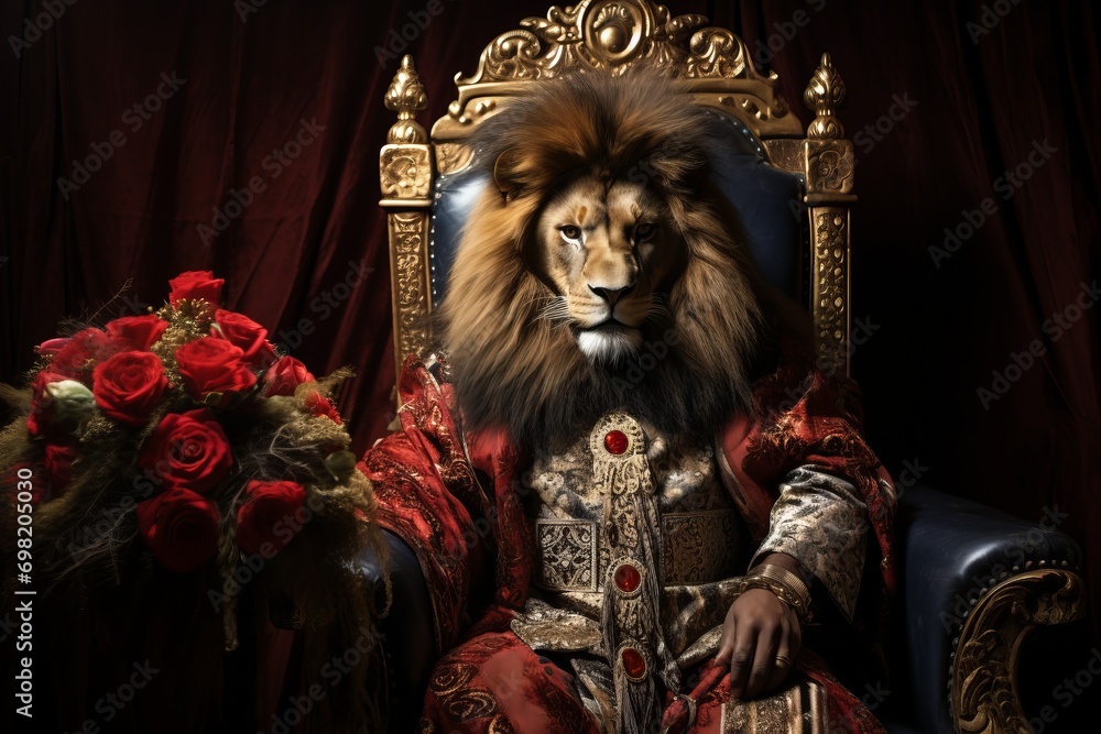 With a dignified poise, the lion in royal attire reflects the grandeur of an empire, his mane framing a face of noble leadership