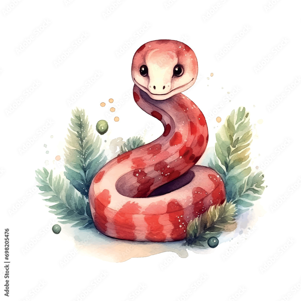 Fototapeta premium Christmas snake 2025 New Year watercolor vector