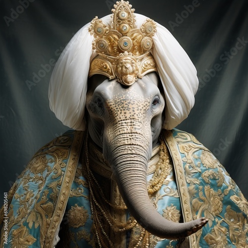 Adorned in ornate trappings befitting a sultan, a person with an elephant head exudes a royal demeanor and ancient wisdom photo