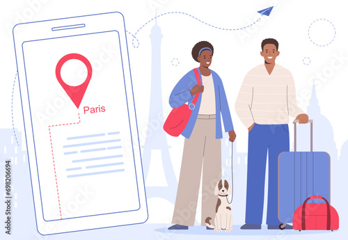 Man and woman with baggage traveling, trip to Paris. Mobile navigation in travel. Big smartphone with mobile navigation app.