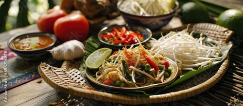 Thai papaya salad (Som Tam) served on traditional mat, adorned with garlic, shallot, tomato, cow pea, noodles, sticky rice, and lime, wrapped in banana leaf. photo