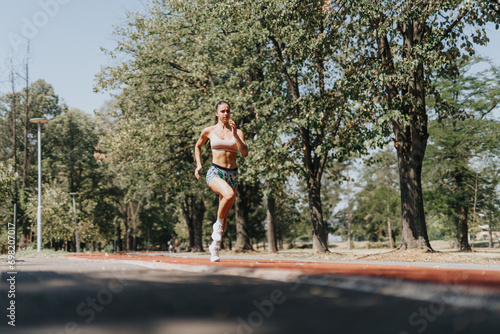 Girl Enjoying Summertime Workout in Natural Environment. Running, Jogging, and Sprinting in the Park for Better Body Shape and Positive Results