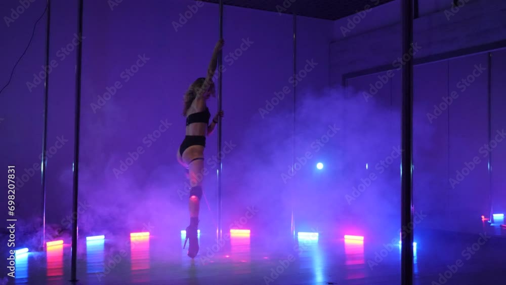 Vidéo Stock Sexy woman dances a pole dance in a disco club. Erotic dance on a pole. Exotic pole