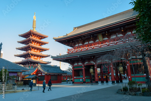Hozomon Gate and Five Storied Pagoda of Senso-ji Asakusa Kannon Temple in Tokyo, Japan photo