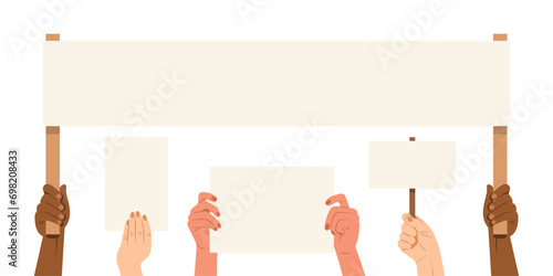 The hands of different nations are holding empty for strike and demonstration. Set of templates banners signs posters on poles with sticks in hands. Flat style. Vector illustration.