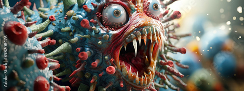 A depiction of a viral infection in the form of an evil monster that causes a chronic disease. Hepatitis viruses, influenza, cellular infection of the body, AIDS.