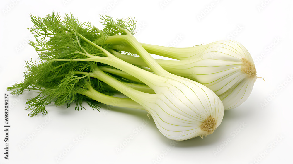 Fresh Fennel Bulbs with Green Stems, White Background Fresh Fennel Bulbs with Green Stems, White Background